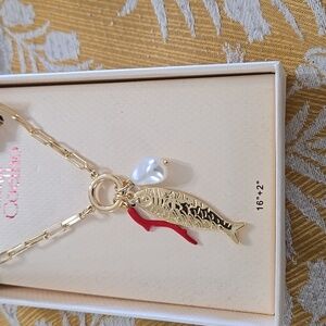 Camila Coelho Gold Link Necklace with Red Coral Accent and Pearl Drop